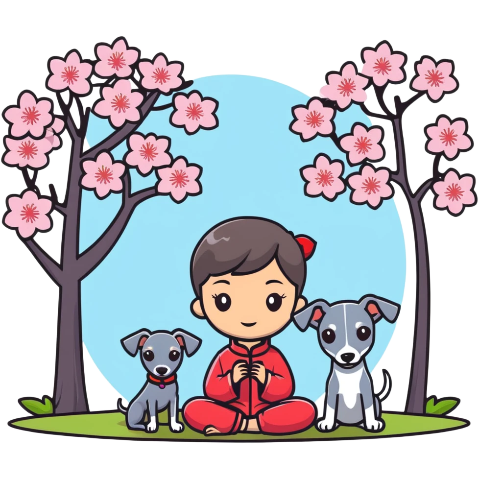 A young Chinese girl and a grey Italian Greyhound sitting under a cherry blossom tree emoji