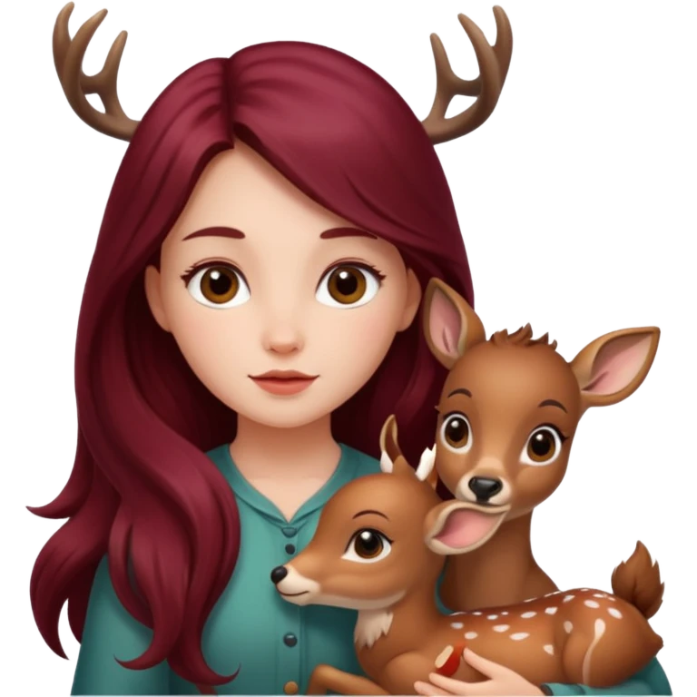 Beautiful burgundy long haired girl and baby deer emoji