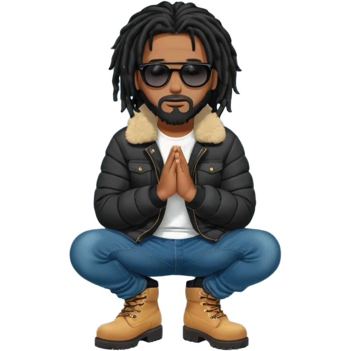 African American man with shoulder length black dreadlocks with black beard wearing black sunglasses wearing a black bubble winter coat  wearing denim skinny jeans and timberland boots praying on knees emoji