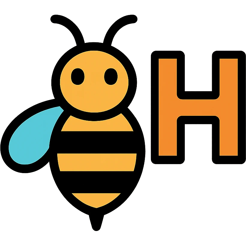 cartoonish honey bee with the letter H, colorful bee, vibrant yellow and black stripes, playful style emoji
