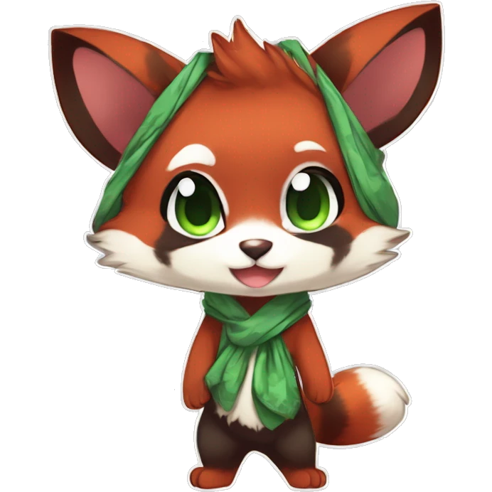 Cute, Chibi, Kemono-style, Anthro, Fur-Sona, Dark-Red, RedPanda-Mouse-hybrid-Transformice-Fakémon, with a green bandana, full body emoji