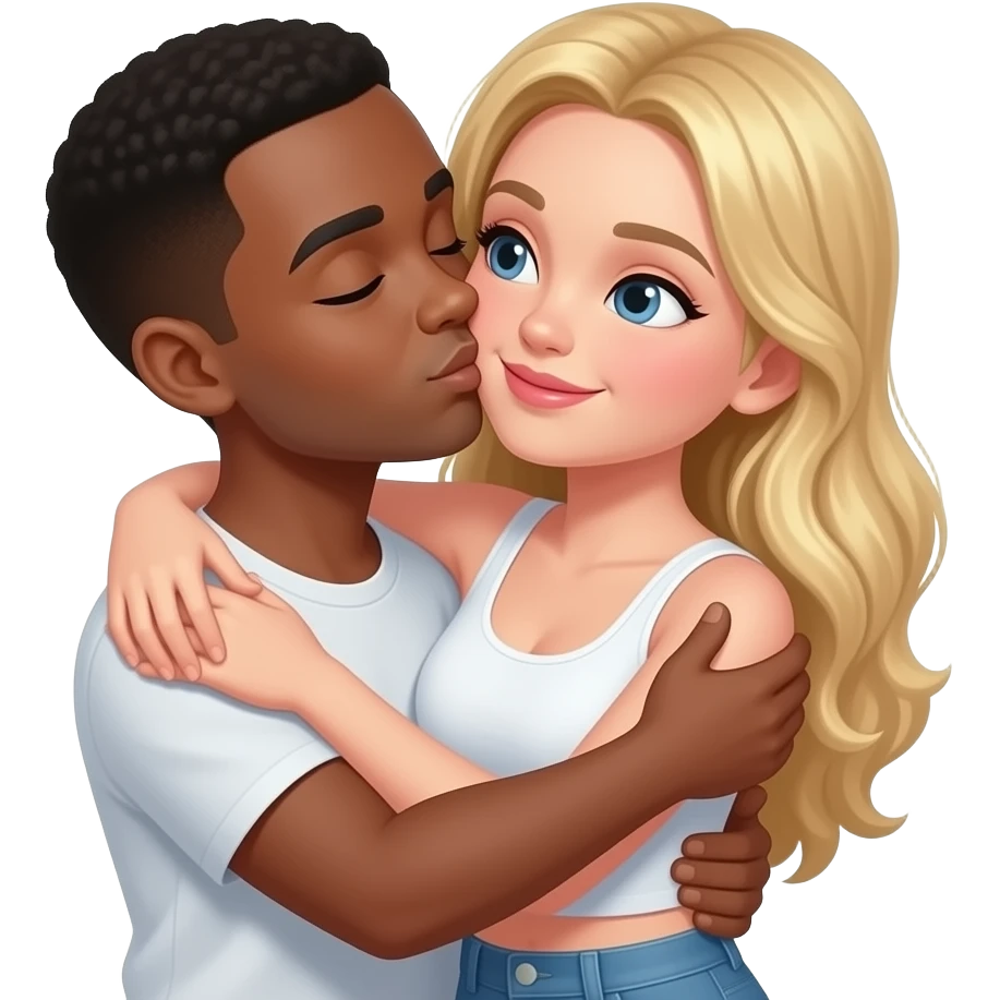 Black man kissing and hugging blonde girlfriend emoji