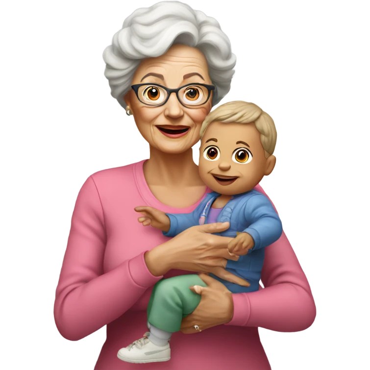 Create a 3d hyper realistic photo of a senior woman holding a toddler  emoji