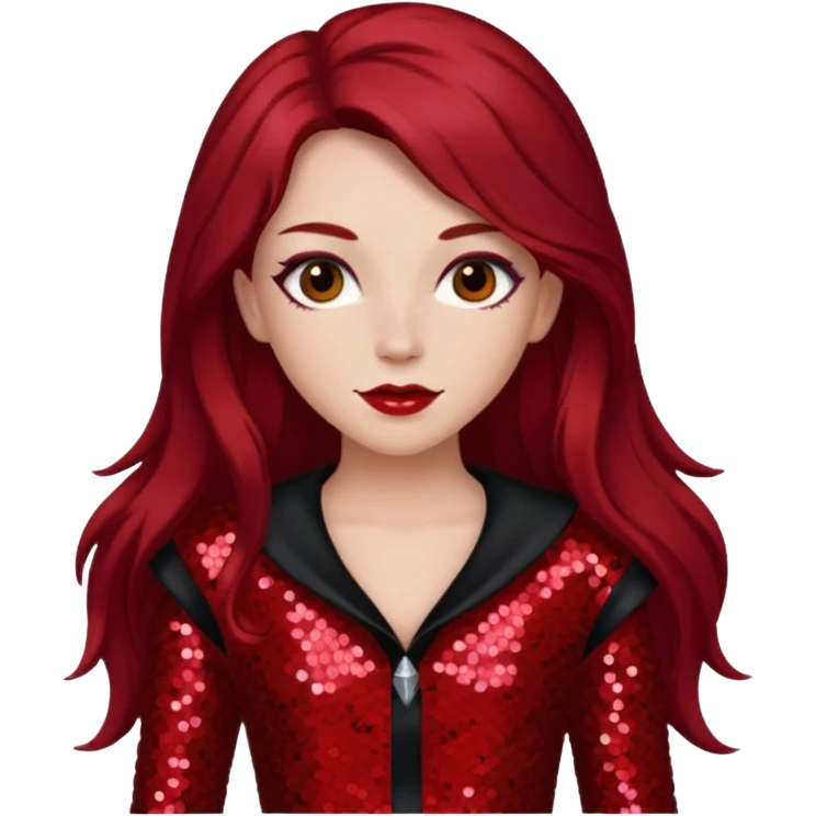 Chappell Roan (b.1998) with long dark red hair, red sequin outfit, makeup emoji