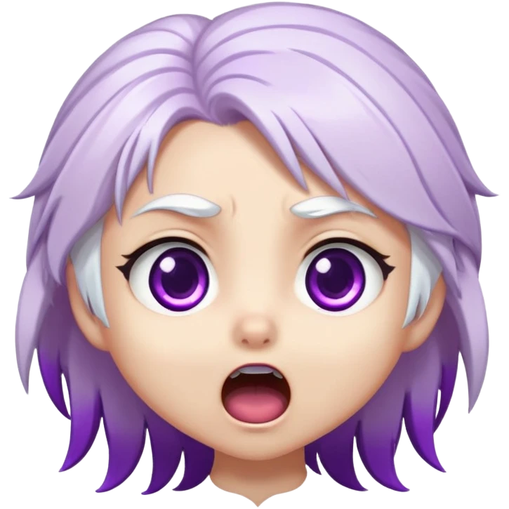 Chibi Sable Ward with shocked expression, wide purple eyes, mouth in an O shape, white hair with purple streaks, surprised look emoji