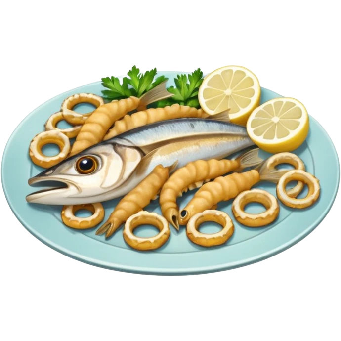apple style ios emoji cute minimal plate of pescaito frito golden fried anchovies calamari rings small whole fish lemon wedges parsley garnish warm appetizing colors soft shading emoji