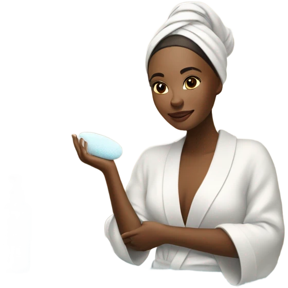 Woman doing her skincare in her modern robe in a bathroom hotel emoji