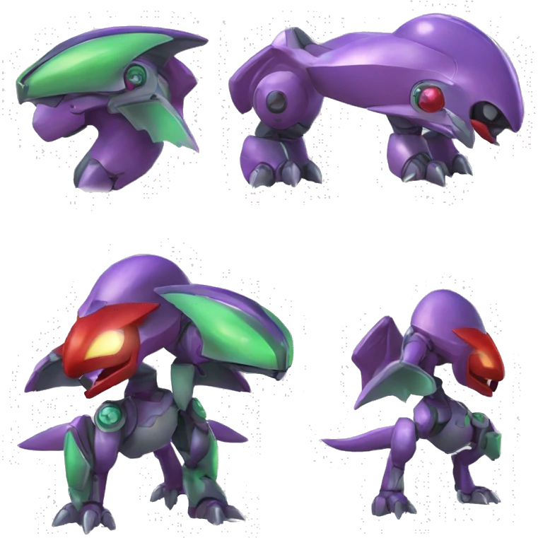 a shiny purple-green-red Genesect-Charizard-Raptor-Fakémon—hybrid with a futuristic visor-helmet full body emoji