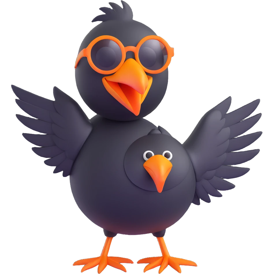 cartoonish 3D emoji of a black bird with a large orange beak and oversized round sunglasses, standing in the same pose as the reference image, with a playful expression emoji