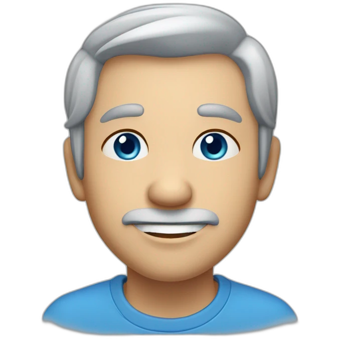 Grey hair, thinning on top, blue eyes, dimple on right cheek, gap between upper two front teeth emoji