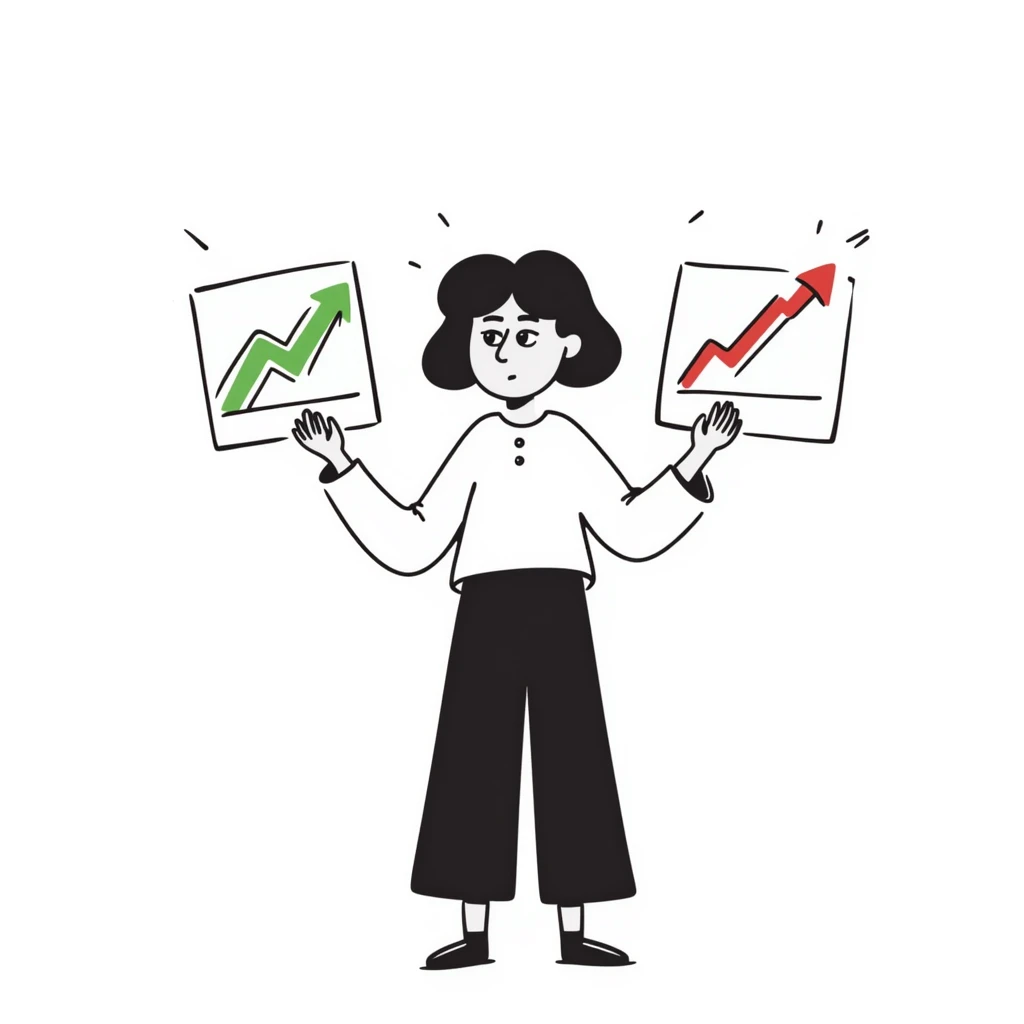 Girl holding chart with rising green graph line in right hand and holding another chart with falling red graph line in left hand emoji