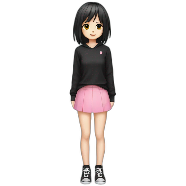 full body Front view emo girl sits on the floor black skirt pink knickers emoji
