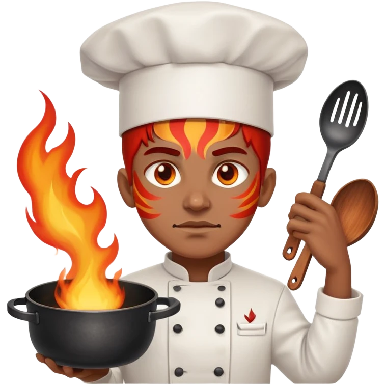 proud chef with blazing fire eyes, crossing two skillets across chest like a warrior emoji