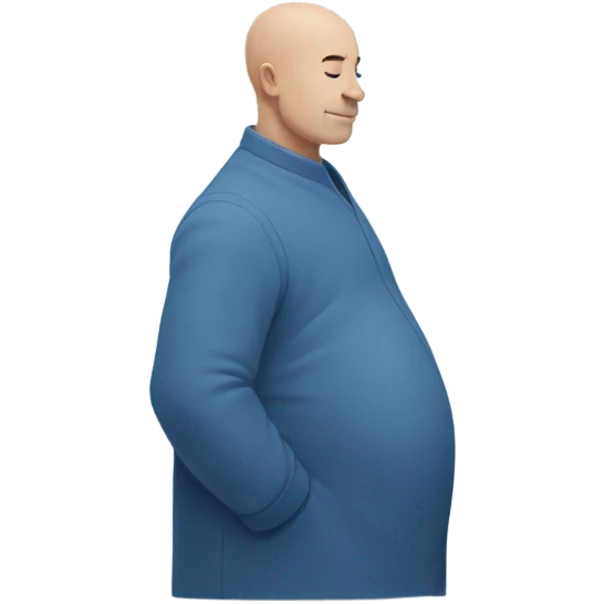 a blue man with a stoic expression , pregnant, rubbing his belly. Bald. Side profile like the pregnant male emojji, cartoonishly simple face. slightly dark blue colored face emoji