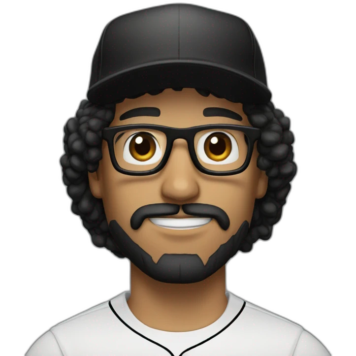 Latino man with long curly hair wearing black glasses brown eye and black baseball hat short black beard and mustache emoji
