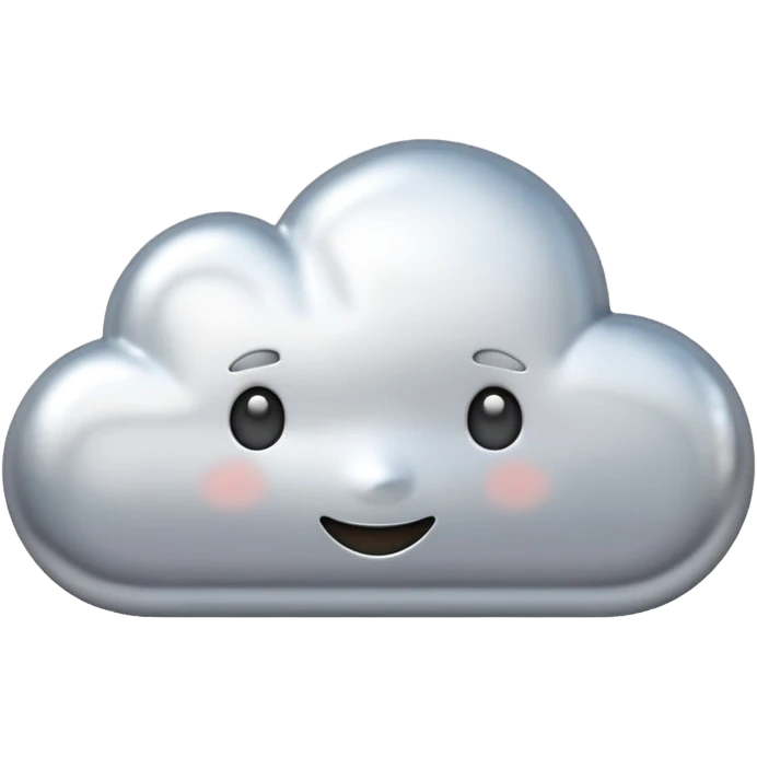 A cute cloud emoji made of silver chrome, smooth rounded shape, glossy metallic surface, soft reflections, minimal and friendly design, iOS emoji style, centered, clean white background, soft lighting emoji