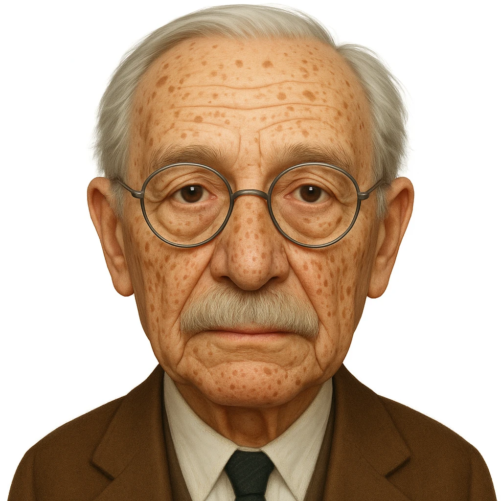 Add more age spots and freckles, and make the face more closely resemble Hans Jonas, German philosopher, while keeping the emoji style. emoji