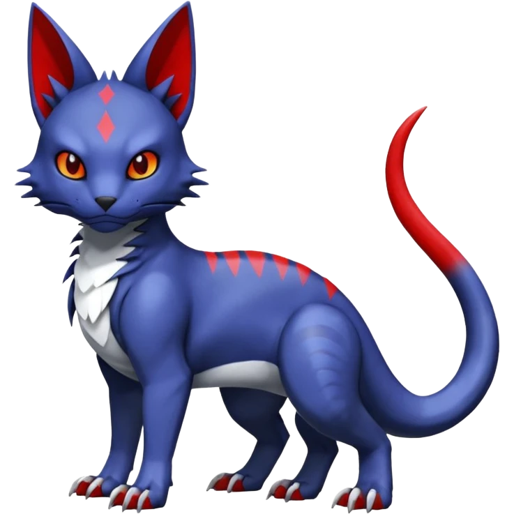 midnight blue-gray-black, with red markings, white belly, scaley Bastet-Noibat-Gatomon-Garchomp-Digimon-Fakémon-Pokémon-creature (full body) emoji