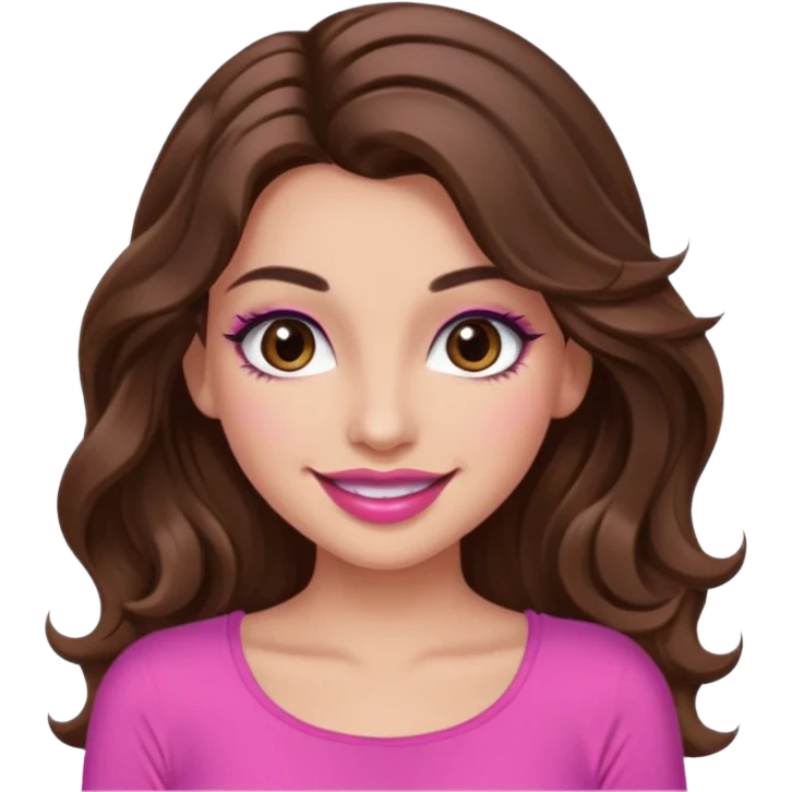 girl with long wavy brown hair, brown eyes, long lashes makeup, sexy pink lips, light to medium complexion, wearing a pink sexy top, smiling emoji