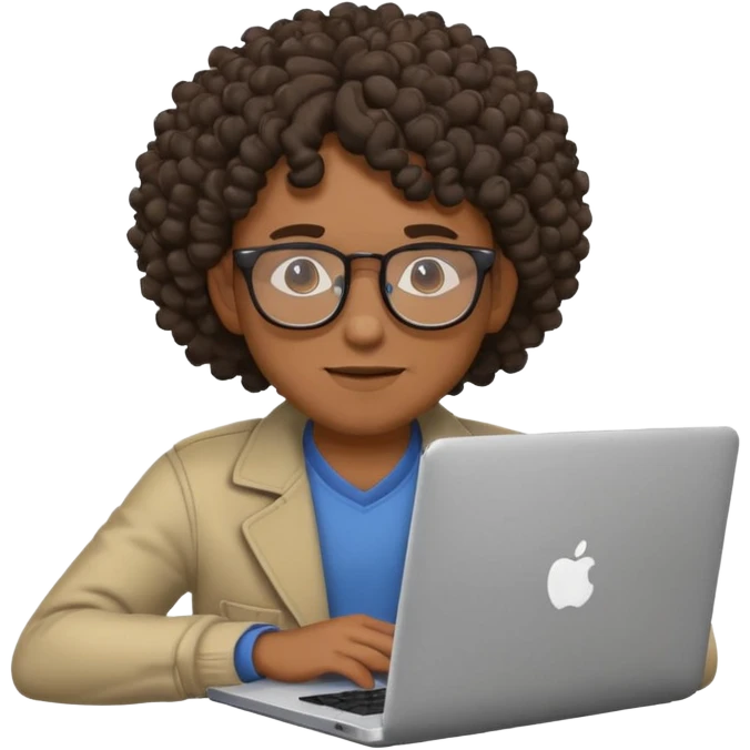 Black man with curly hair and glasses sitting with a laptop in front, emoji style emoji