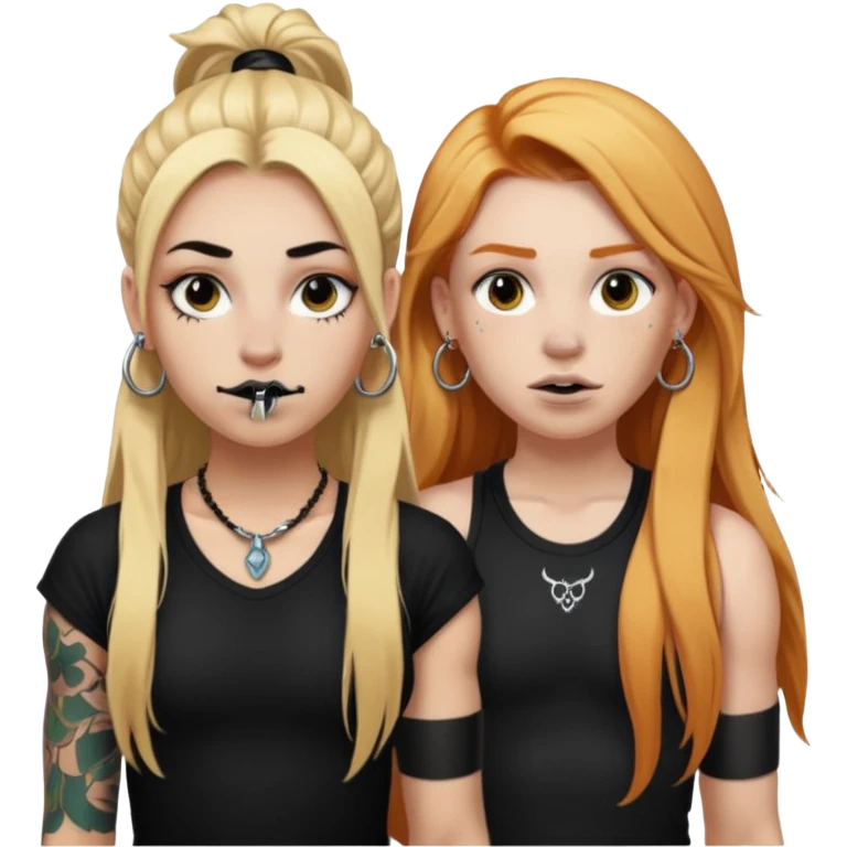girl with long blonde hair, black tattoos and a septum piercing next to an athletic ginger girl a septum piercing emoji