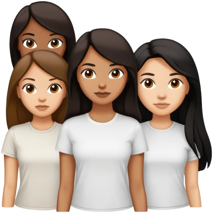 Three women, light skin with dark brown long hair, tan skin black long hair, and tan skin dark brown short hair, white tee emoji