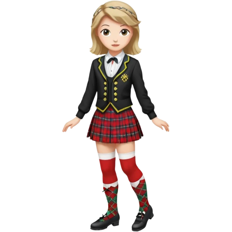 Highland dancing argyle over the knee socks, blouse, highland dancing jacket, tartan miniskirt and highland dancing shoes emoji