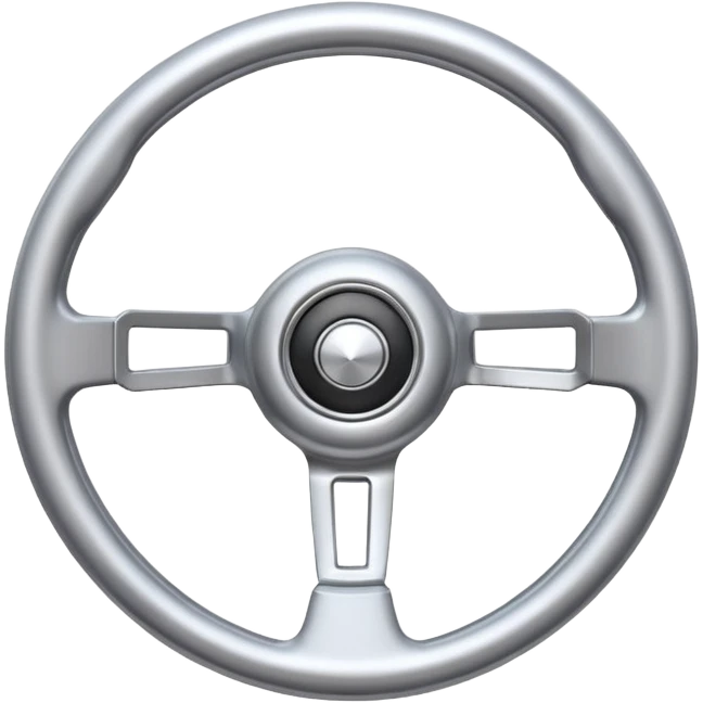 A futuristic steering wheel emoji made of silver chrome, minimal geometric design, smooth metallic surface, soft reflections, iOS emoji style, centered, clean white background emoji