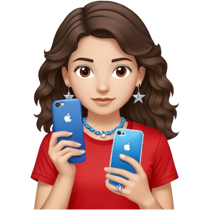 brunette girl with wavy medium length hair, brown eyes, light/medium skin tone, holding iPhone and light phone, wearing red Adidas t-shirt, small silver hoop earrings with blue gem stars, and a different colorful beaded charm necklace emoji