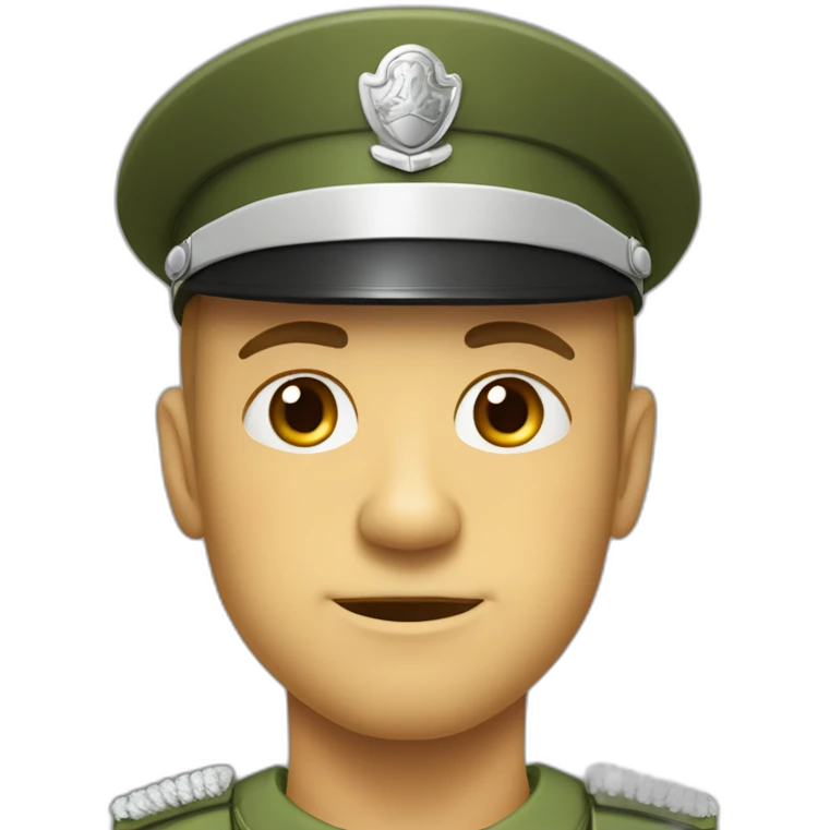 Fait moi un personnage Grand, mince, musclé, comme Papa, chauve, les yeux verts, nez, fin, habillé en militaire, non en pompier emoji