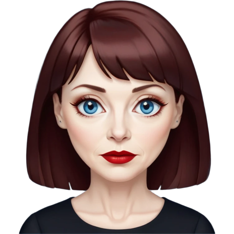 Artistic woman in her late 50s with pale skin, wider face, visible age lines around eyes and mouth, blue eyes with eyeliner, thin eyebrows, red lipstick, dark auburn hair with bangs styled more conservatively, wearing a black top emoji