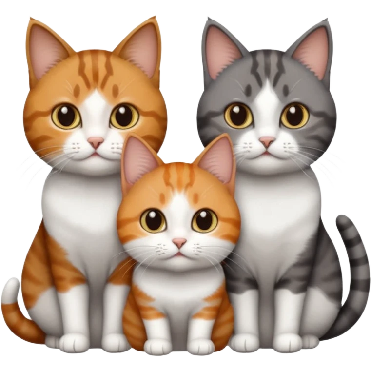 3 different coloured short haired cats including; a dark brown tabby and white cat, and a dark grey and white and a ginger and white emoji