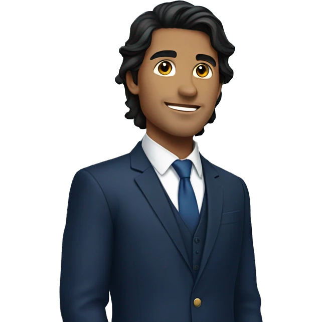 Handsome male, black hair, wearing dark blue suits, Background with buildings emoji