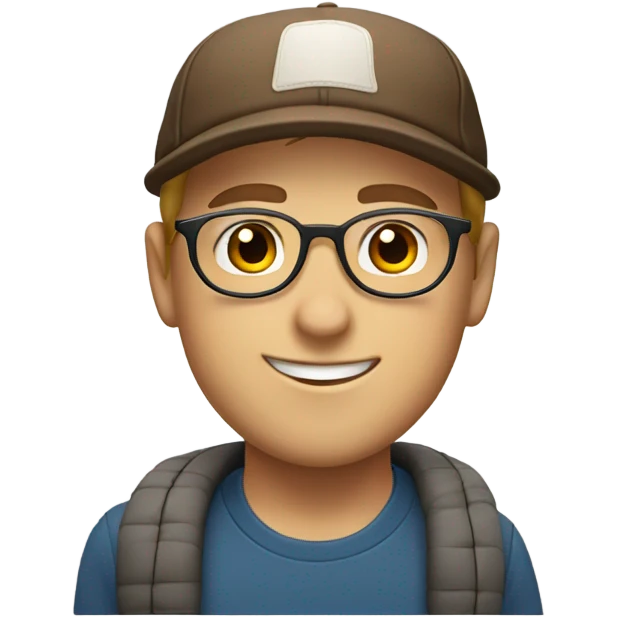 White caucasian boy with light beard with Cap and transparent round glasses smiling with brown eyes emoji