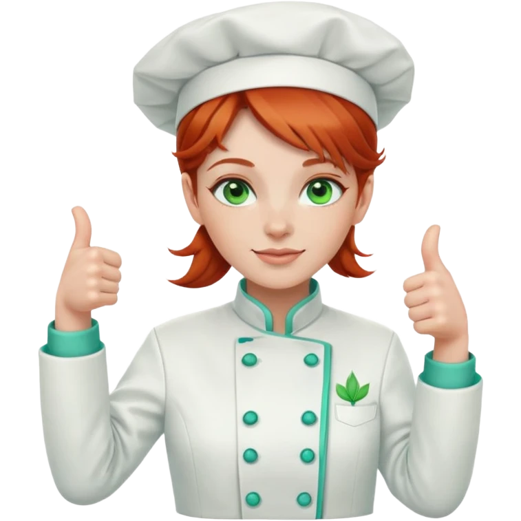 Redhead girl Chef with green eyes wearing a white jacket with aqua trim, giving a thumbs up emoji