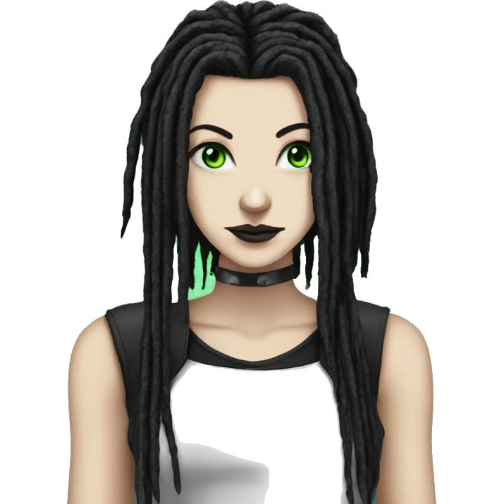 White girl, anonymous, cyberpunk black dreadlocks, green eyes, gothic emoji