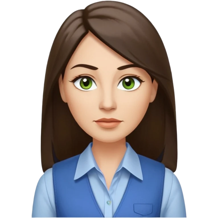 43 year old Adult woman avatar, light skin tone, long, oval face, long straight ashy brown hair, green almond-shaped eyes with dramatic eyelashes and minimal eyeliner, neutral mouth, medium straight eyebrows, average nose, smooth skin,  white collared button down shirt, blue vest emoji