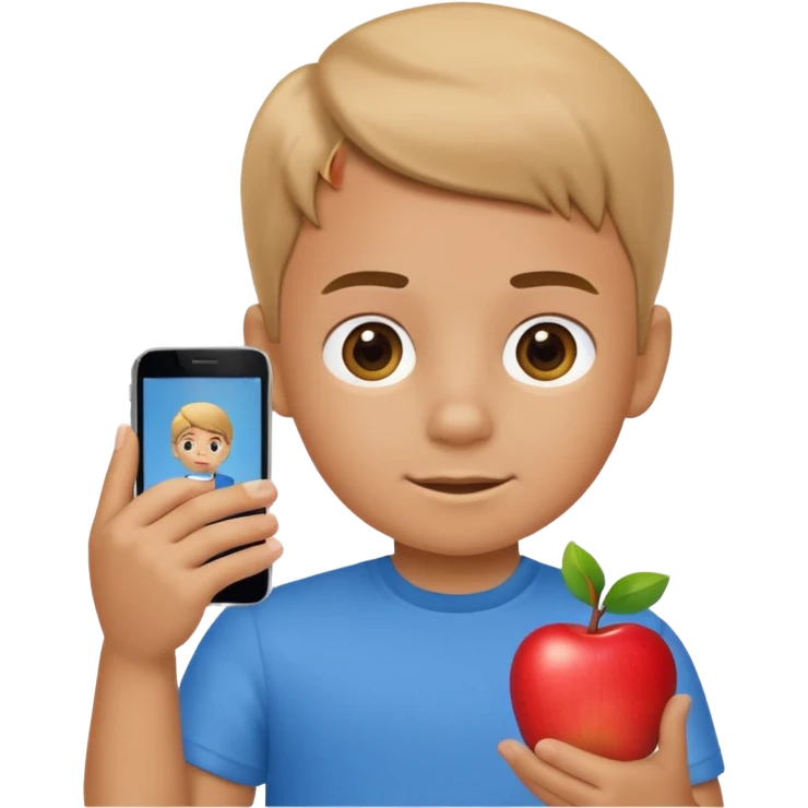 A little kid holding a phone, apple style emoji, wearing a blue shirt. emoji