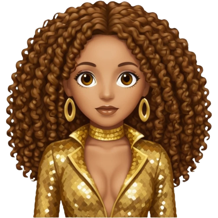 Melanie Brown with brown long curly hair, gold outfit emoji