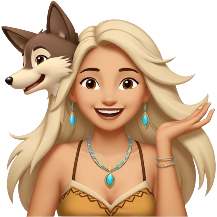 Cinematic Adorable Pocahontas Portrait Emoji, Laughing softly as Meeko tugs at her necklace, hair tousled in the wind, eyes full of warmth, a carefree spirit shining through, capturing the essence of beauty and playfulness! emoji