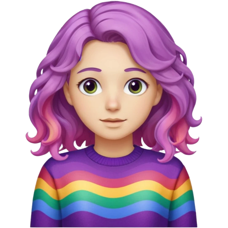 Lila renkli dalgalı saç beyaz tenrengi hafif çekik gözlü uzun kollu gökkuşağı swit emoji