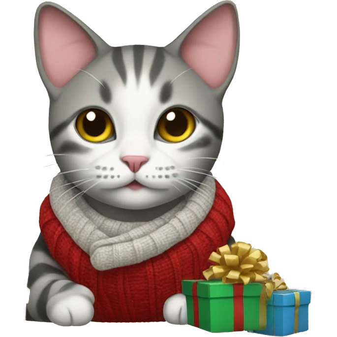 cat in a sweater with lots of wrapped presents emoji