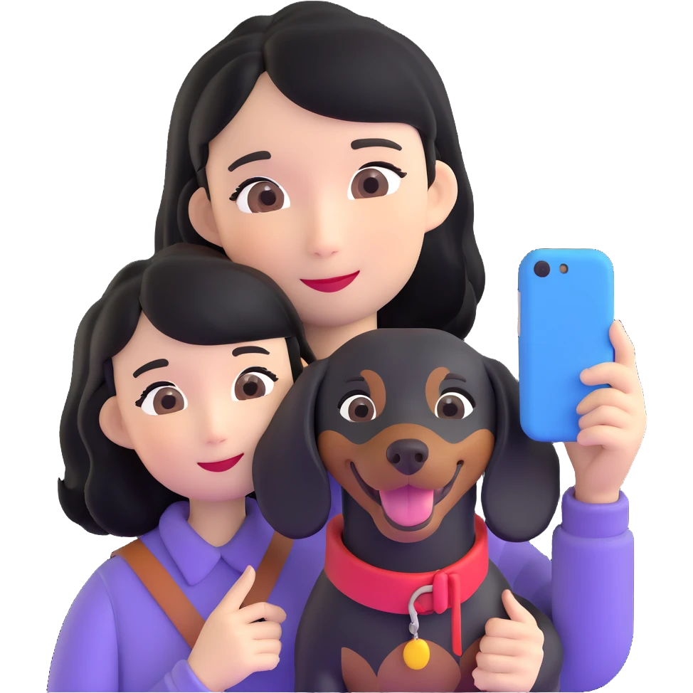 black hair asian girl taking selfie with black dachshund emoji