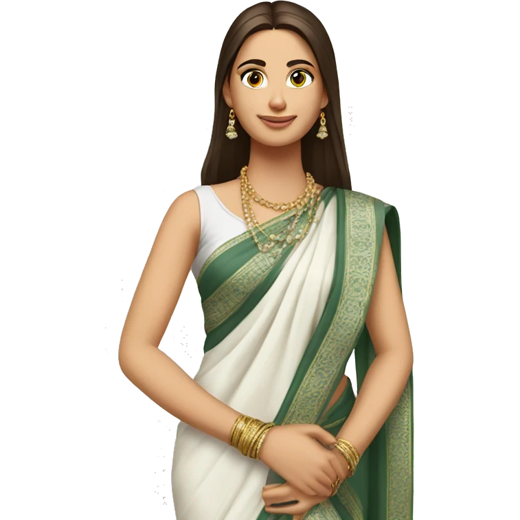hair straight, white face colour, slender face, wearing a trendy saree and accessories, full body, men emoji