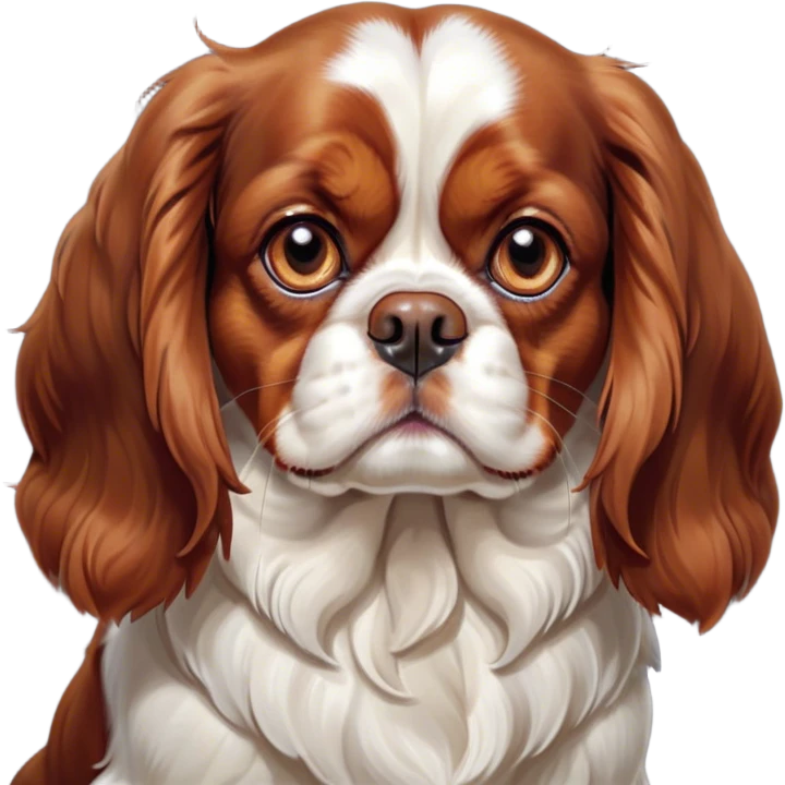 Cinematic Grumpy Blenheim Cavalier King Charles Spaniel Portrait Emoji, Head tilted slightly with a deeply unimpressed expression, thick Blenheim coat with pronounced chestnut and white markings, large, droopy brown eyes narrowed into an unamused glare, ears slightly drooping in exasperation, Simplified yet comically expressive features, highly detailed, glowing with a dry, sarcastic glow, high shine, effortlessly judgmental yet dignified, stylized with a touch of cynicism, bright but brooding, soft glowing outline, capturing the essence of an eternally unimpressed yet endearing companion, so lifelike it feels like it could sigh heavily at you in disdain at any moment! emoji