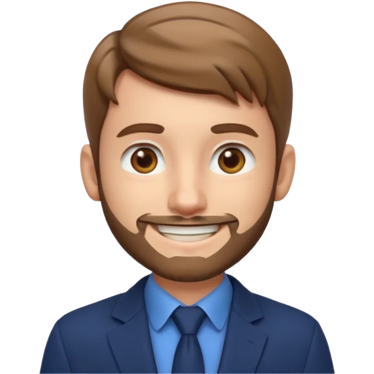 Emoji 3D estilo Apple de um jovem com pele clara, cabelo castanho claro, olhos castanho escuro, barba rala, sorrindo, de blazer elegante e brinco prateado. emoji