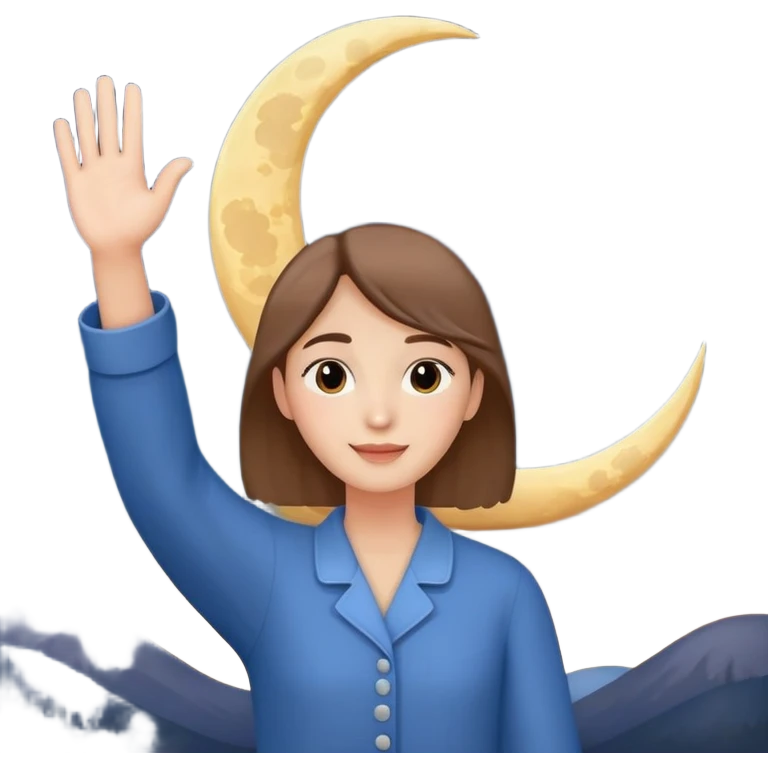 a person waving and saying good night, moon and stars in background, peaceful and warm emoji