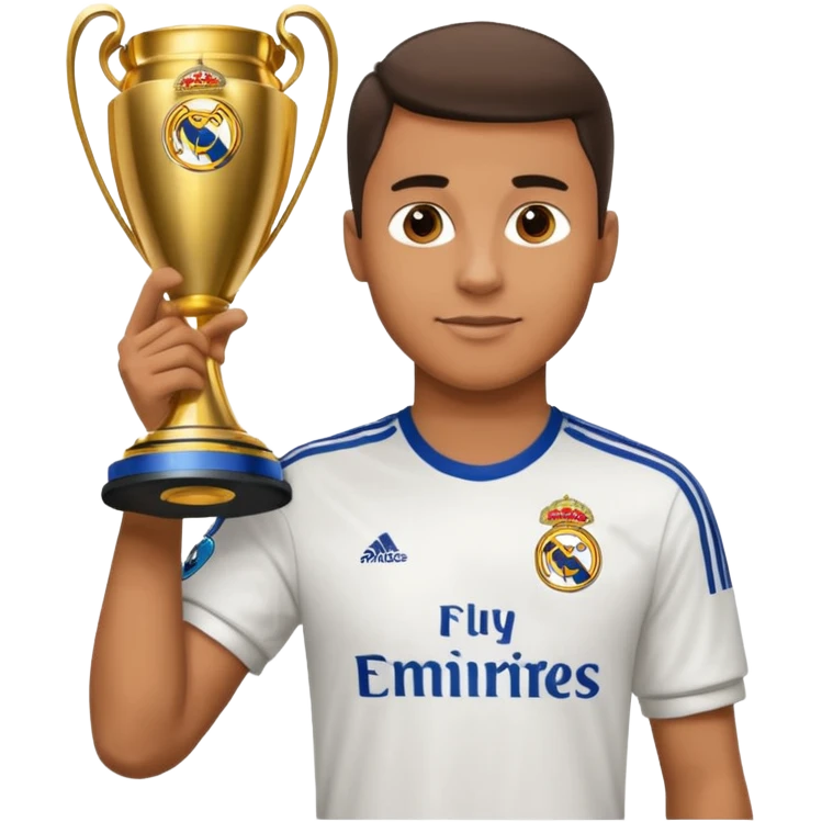 Человек в футболке футбольного клуба Real Madrid. Держащий кубок лиги чемпионов emoji