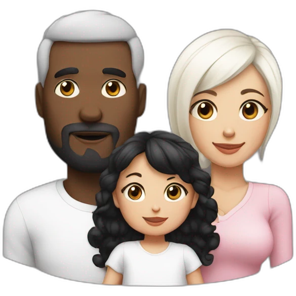 Black hair mum and dad, one baby girl, one black cat on white cat  emoji