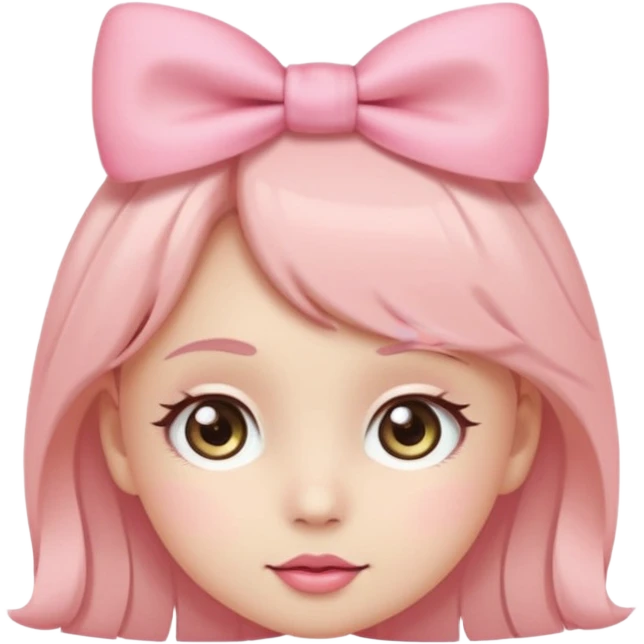 Cute coquette emoji, round face, big sparkling eyes, soft blush on cheeks, small pink bow on top of the head, pastel colors, simple vector style, transparent background


 emoji